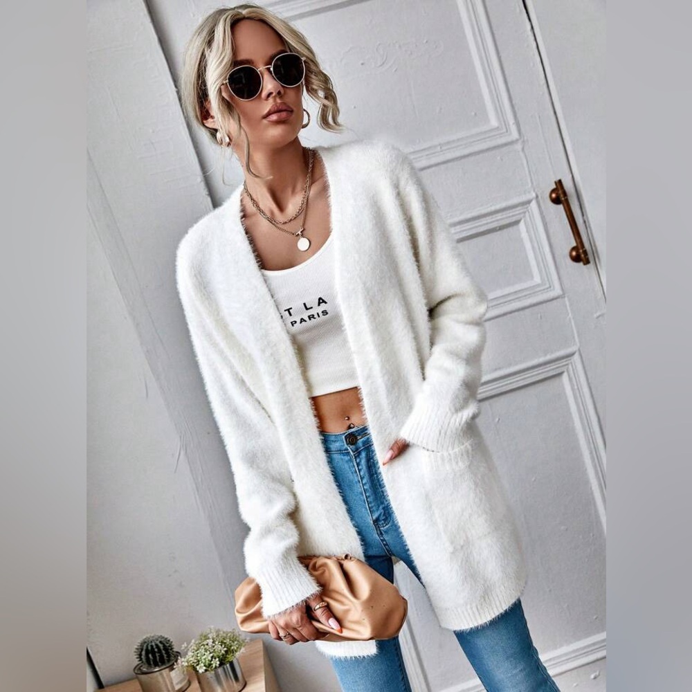 Women's Cozy White Fuzzy Cardigan Sweater Small